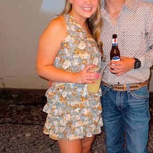 one shoulder dress frilly, ruffles, vintage, floral, short, colorful dress